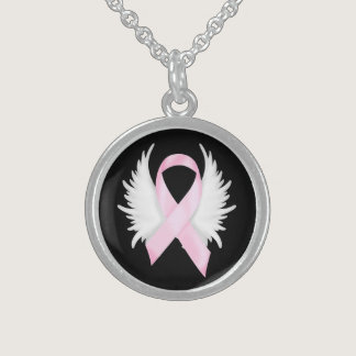 Breast Cancer Ribbon Angel Wings Sterling Silver Necklace