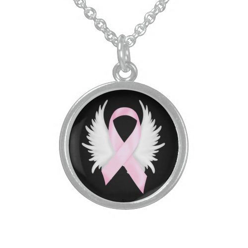 Breast Cancer Ribbon Angel Wings Sterling Silver Necklace