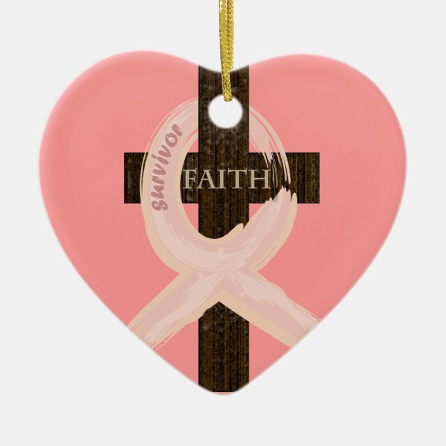 Breast Cancer Ribbon Celbrates Faith & Remission Ceramic Ornament (Front)
