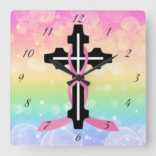 Breast Cancer Ribbon Cross Square Wall Clock