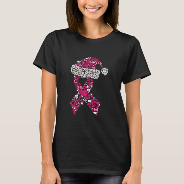 Breast Cancer Santa Hat Ribbons T-Shirt (Front)