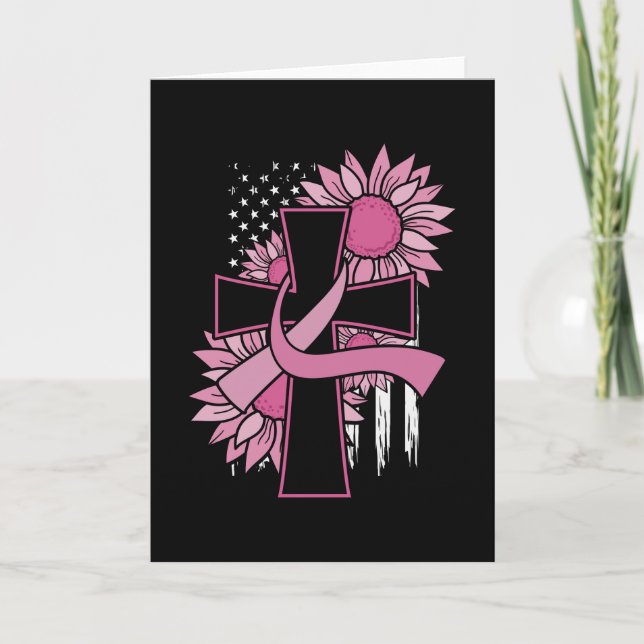 Breast Cancer Sunflower Pink Ribbon Cross Faith Card (Front)