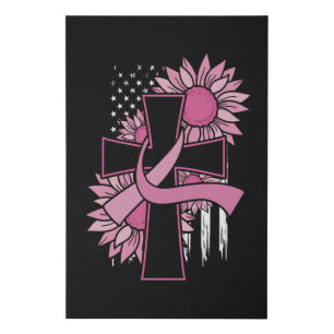 Breast Cancer Sunflower Pink Ribbon Cross Faith Faux Canvas Print
