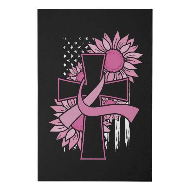 Breast Cancer Sunflower Pink Ribbon Cross Faith Faux Canvas Print (Front)