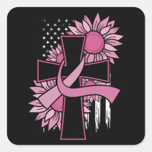 Breast Cancer Sunflower Pink Ribbon Cross Faith Square Sticker