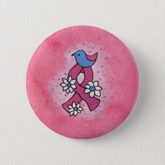 Breast Cancer Support Bird Flowers Pink Ribbon Button