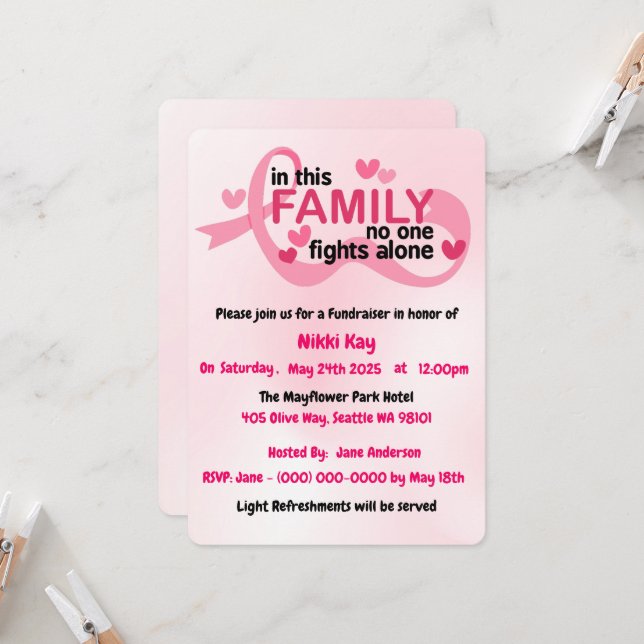 Breast Cancer Support Team Pink Ribbon Personalize Invitation (Front/Back In Situ)
