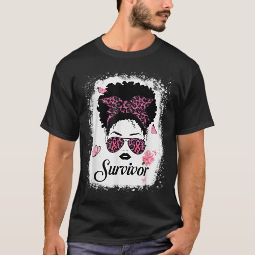 Breast Cancer Survivor Black Messy Bun Awareness W T_Shirt