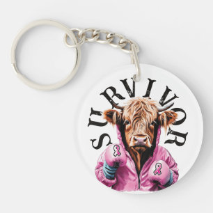 Breast Cancer Survivor Cow White Keychain