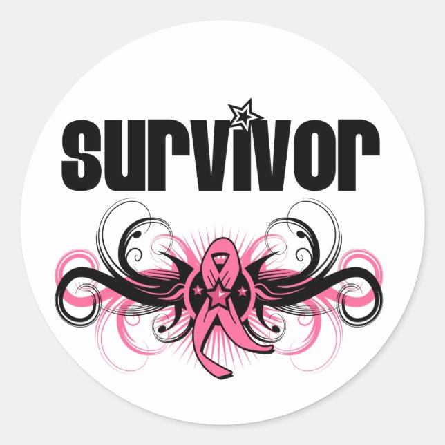 Breast Cancer Survivor Grunge Winged Emblem Classic Round Sticker (Front)