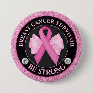 Breast Cancer Survivor – Pink Ribbon & Bow Glitter Button
