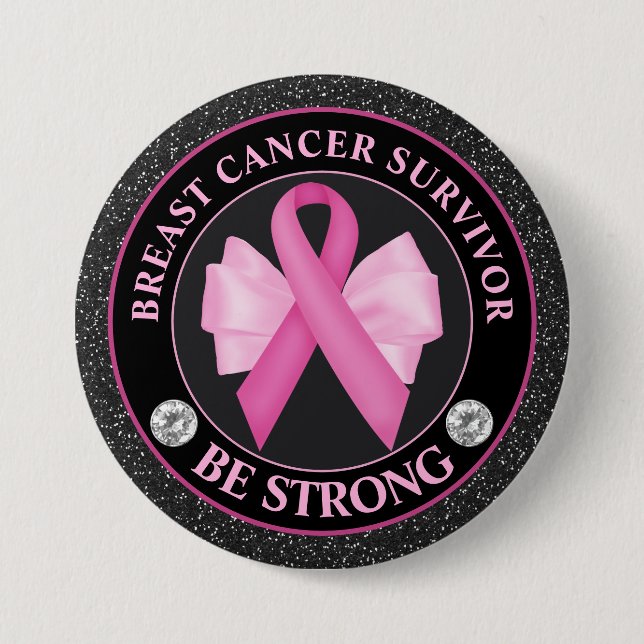 Breast Cancer Survivor – Pink Ribbon & Bow Glitter Button (Front)