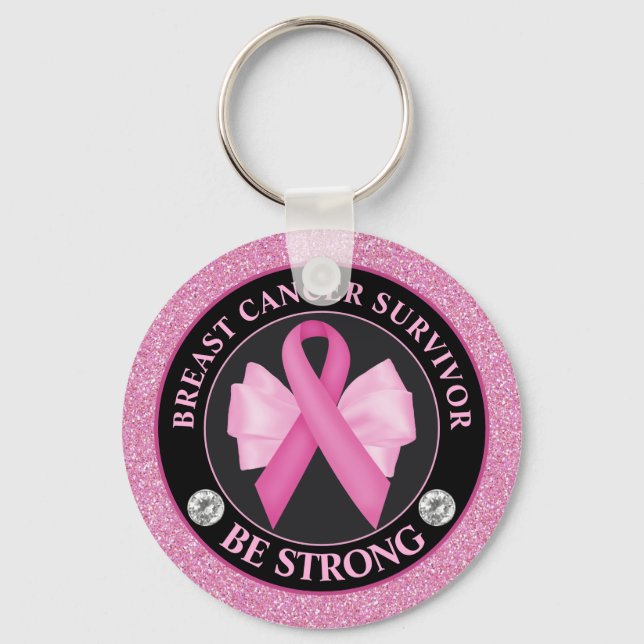 Breast Cancer Survivor – Pink Ribbon & Bow Glitter Keychain (Front)
