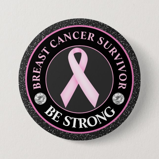 Breast Cancer Survivor – Pink Ribbon Glitter Button (Front)