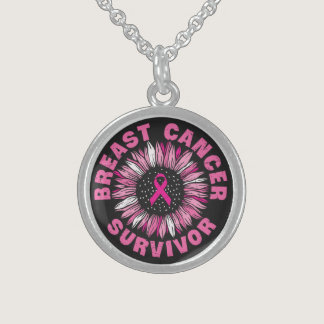 Breast Cancer Survivor Pink Ribbon Sunflower Sterling Silver Necklace