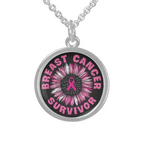 Breast Cancer Survivor Pink Ribbon Sunflower Sterling Silver Necklace