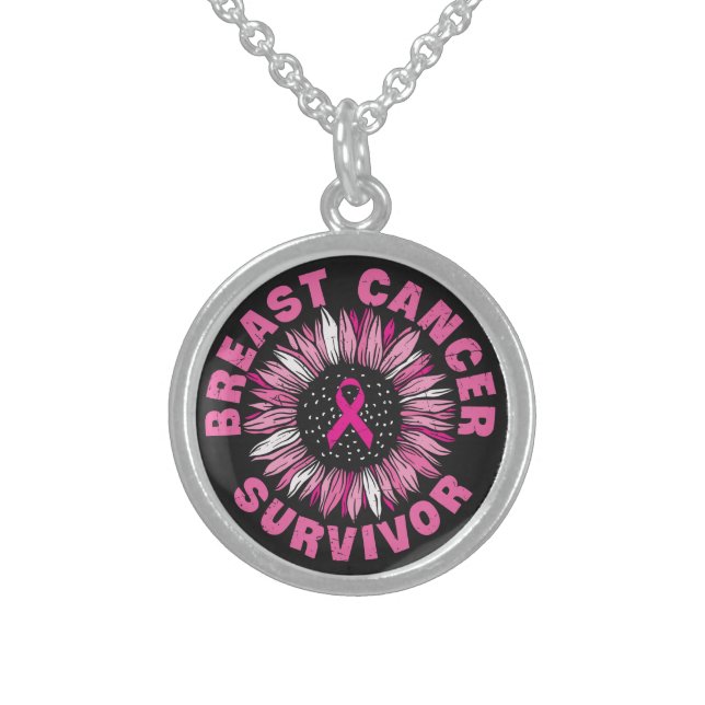 Breast Cancer Survivor Pink Ribbon Sunflower Sterling Silver Necklace (Front)