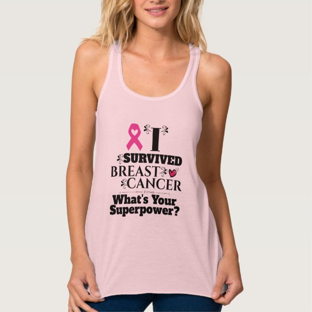 Breast cancer survivor pink ribbon typography tank top (Front)