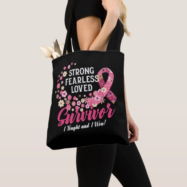 Breast Cancer Survivor Strong Fearless Loved Flowe Tote Bag (Close Up)