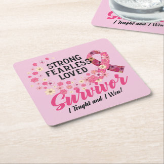 Breast Cancer Survivor Strong Fearless Loved Square Paper Coaster