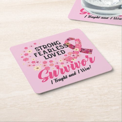 Breast Cancer Survivor Strong Fearless Loved Square Paper Coaster