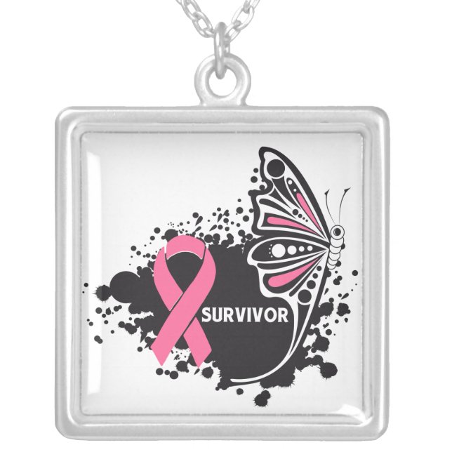 Breast Cancer Survivor Tattoo Butterfly Silver Plated Necklace (Front)