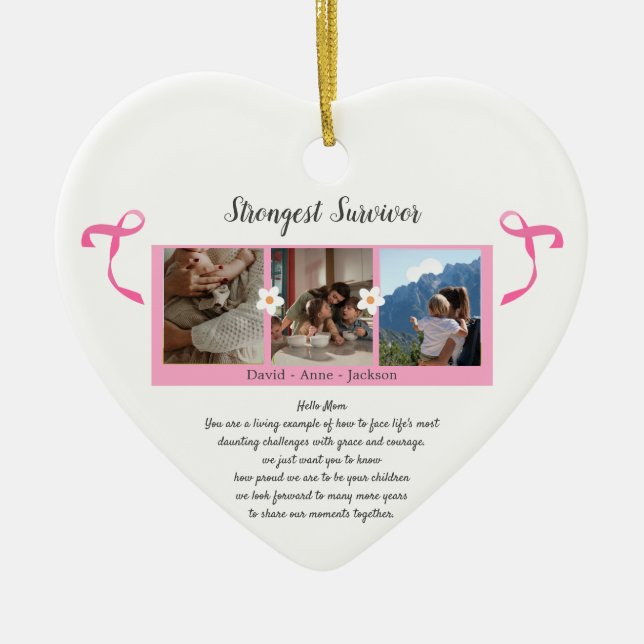 Breast Cancer Survivor Three Photo Collage Ceramic Ornament (Front)