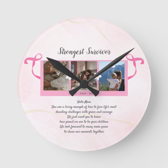 Breast Cancer Survivor Three Photo Collage Round Clock (Front)