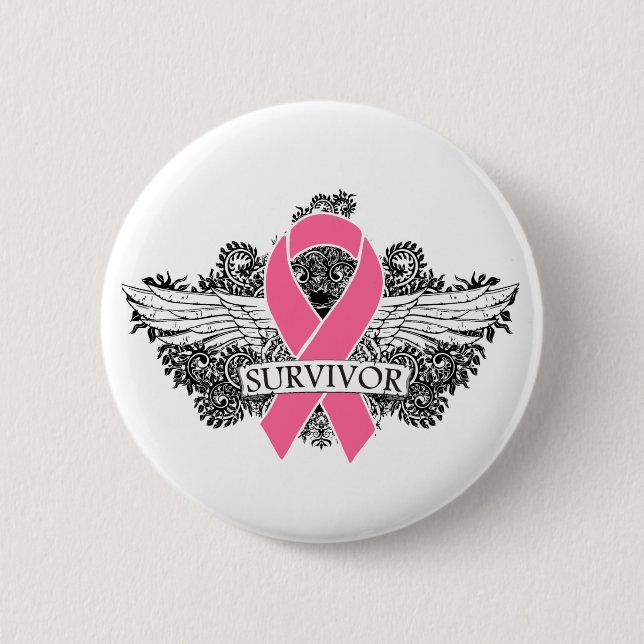 Breast Cancer Winged SURVIVOR Ribbon Button (Front)