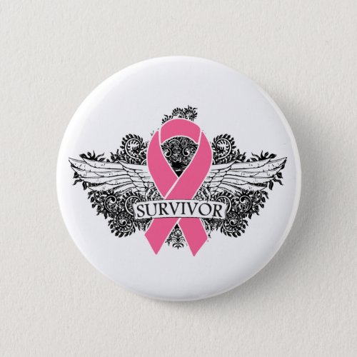 Breast Cancer Winged SURVIVOR Ribbon Button