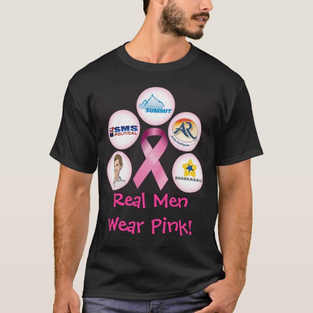 BreastCancerWalk_front_black, Real Men Wear Pink! T-Shirt (Front)