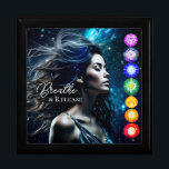 Breathe and Release | Beautiful Ethereal Woman Gift Box<br><div class="desc">Peaceful ai art depicting a beautiful woman with hair blowing in the wind and a pretty blue celestial blue ethereal background. Quote,  "Breathe and Release." Pretty illuminated chakras spiritual art.</div>