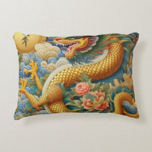 Breathe Fire Chinoiserie Dragon Gold Accent Pillow