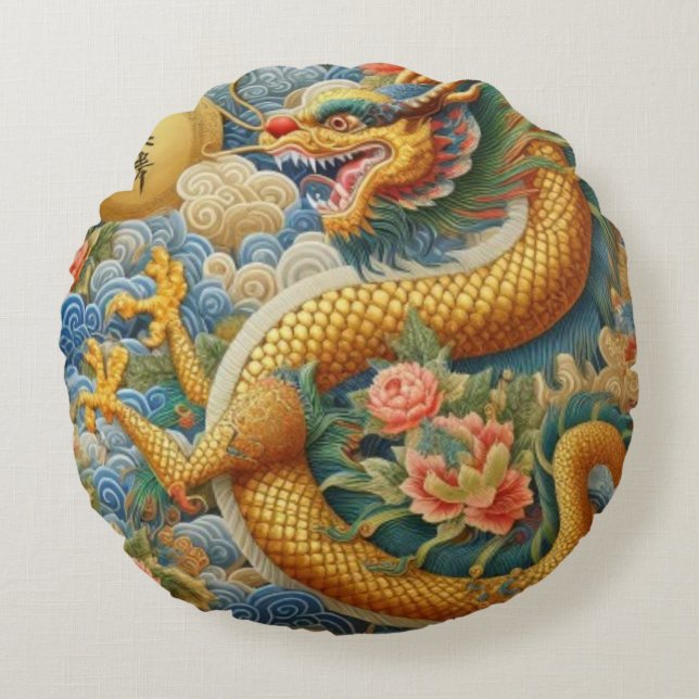 Breathe Fire Chinoiserie Dragon Gold Round Pillow (Front)