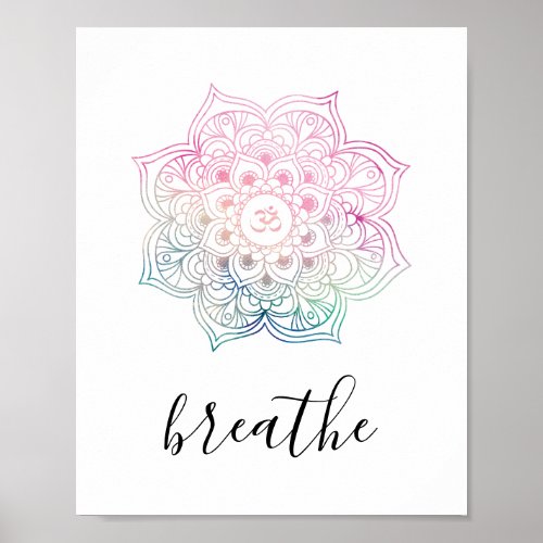 Breathe Quote _ Pink Watercolor Mandala Zen Yoga Poster