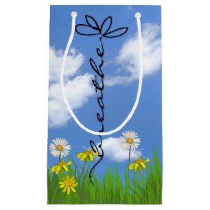 Breathe text daisy in grass small gift bag