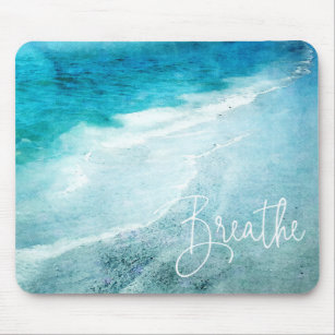 Breathe Yoga Quote Retro Beach Teal Blue Ocean Mouse Pad