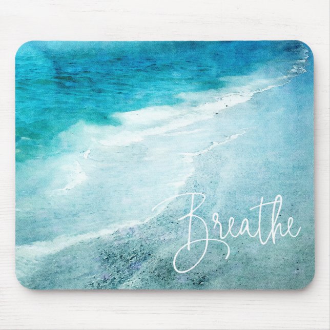 Breathe Yoga Quote Retro Beach Teal Blue Ocean Mouse Pad (Front)