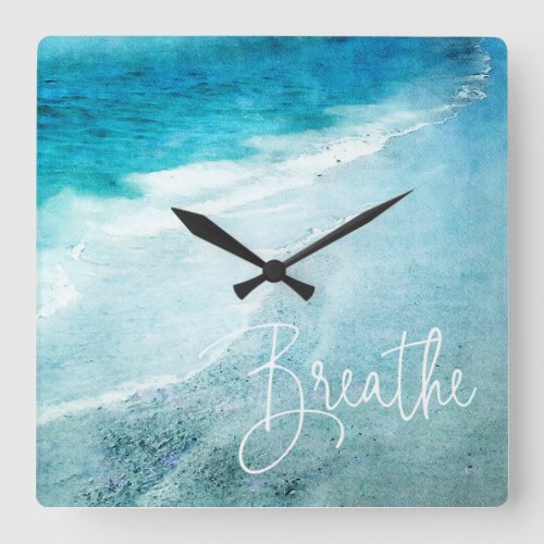 Breathe Yoga Quote Retro Beach Teal Blue Ocean Square Wall Clock