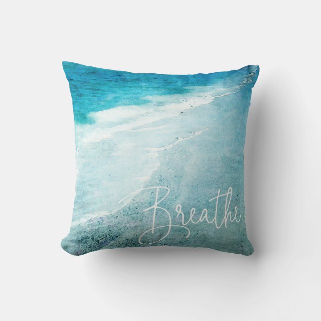 Breathe Yoga Quote Retro Beach Teal Blue Ocean Throw Pillow (Front)