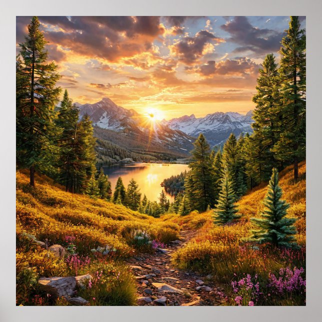 Breathtaking Alpine Sunrise Over Forested Valley Poster (Front)