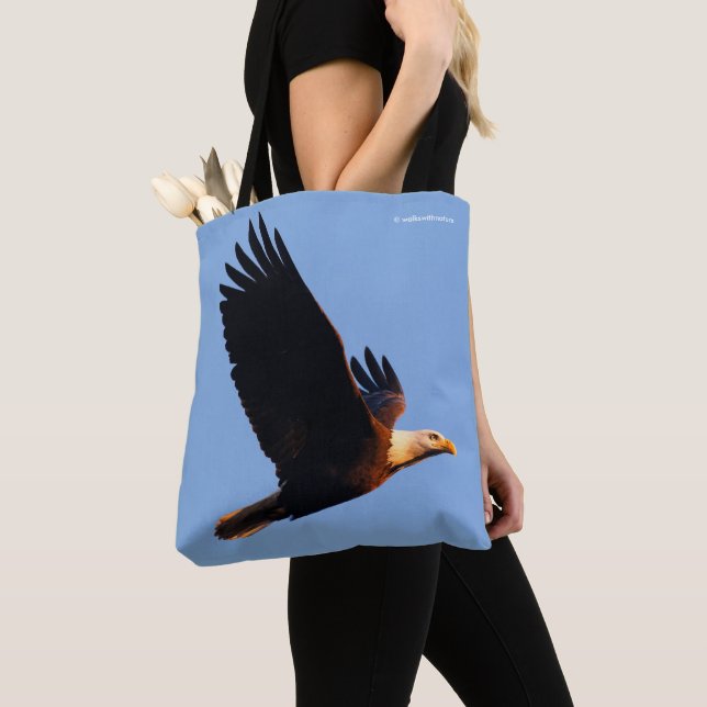 Breathtaking Bald Eagle in Winter Sunset Flight Tote Bag (Close Up)