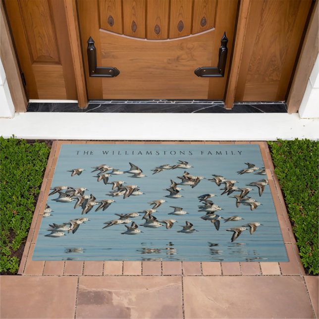Breathtaking Flock of Sanderlings Takes Flight Doormat (Outdoor)