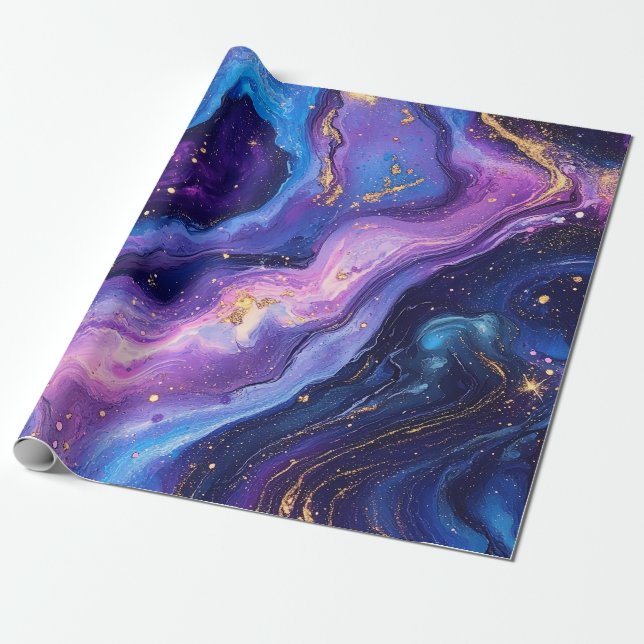 Breathtaking Purple Blue Magenta Gold Galaxy  Wrapping Paper (Unrolled)