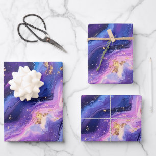 Breathtaking Purple Blue Magenta Gold Galaxy Wrapping Paper Sheets