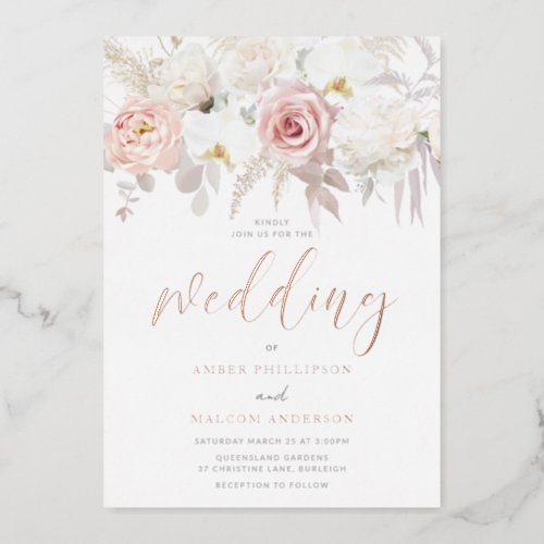 Breathtaking Rose Gold  Blush Floral Wedding Real Foil Invitation