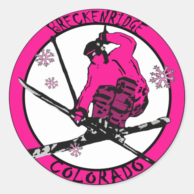 Breckenridge Colorado pink skier circle Classic Round Sticker (Front)