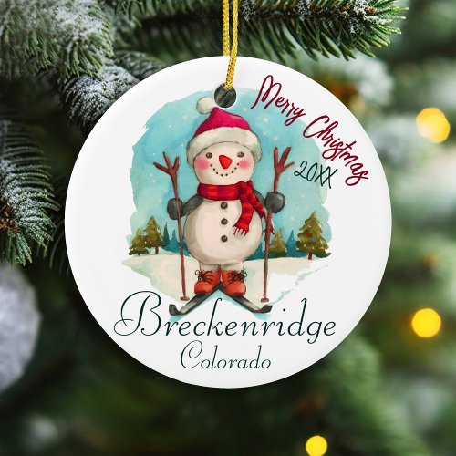 Breckenridge Colorado Watercolor Snowman Snowboard Ceramic Ornament