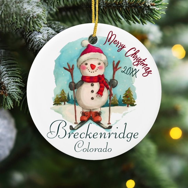 Breckenridge Colorado Watercolor Snowman Snowboard Ceramic Ornament (Creator Uploaded)