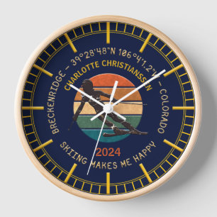 Breckenridge, Colorado - Woman Skier, Golden Text Clock